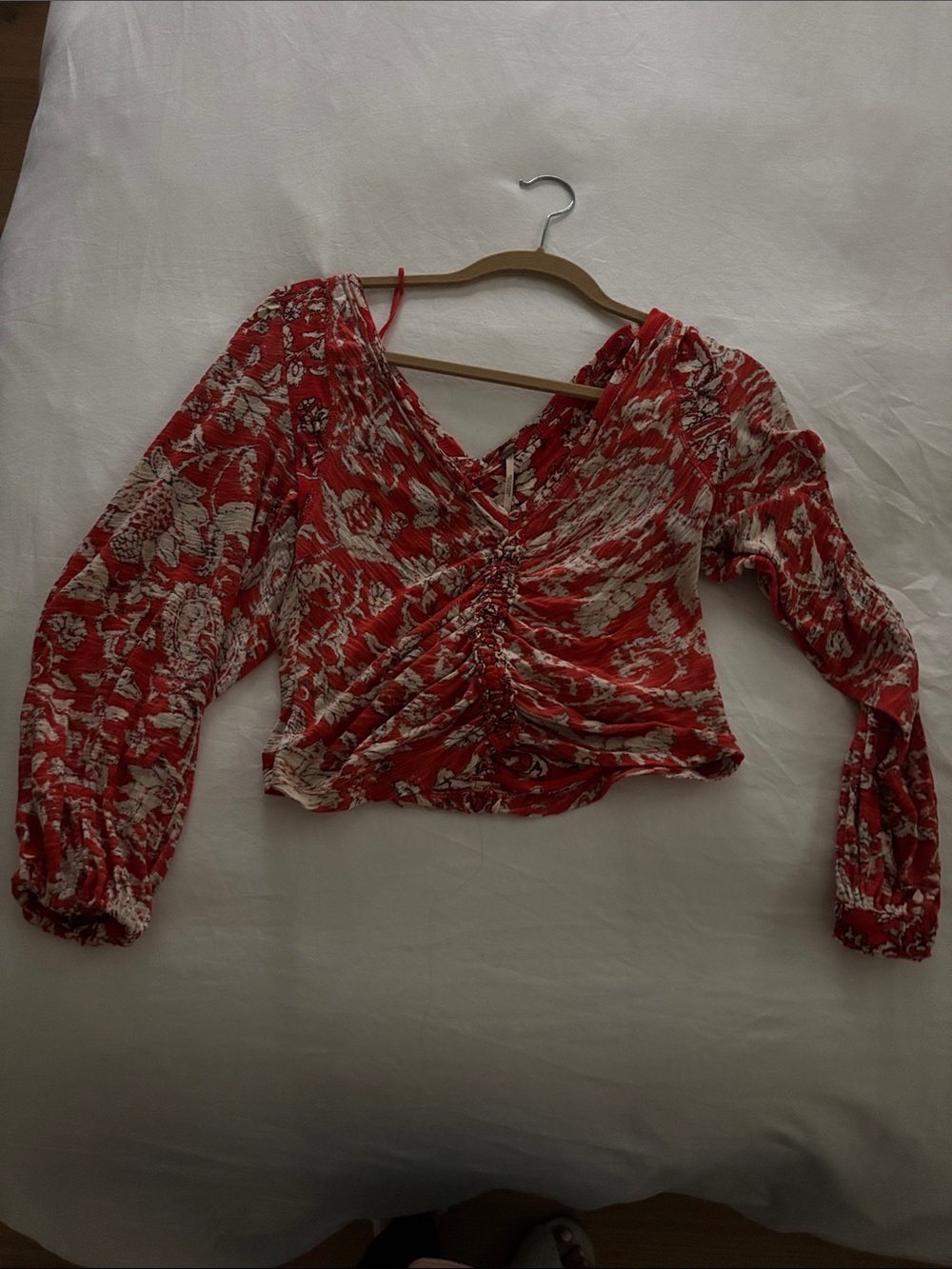 Free People Orange red Floral Ruched V-Neck Long Sleeve Top
